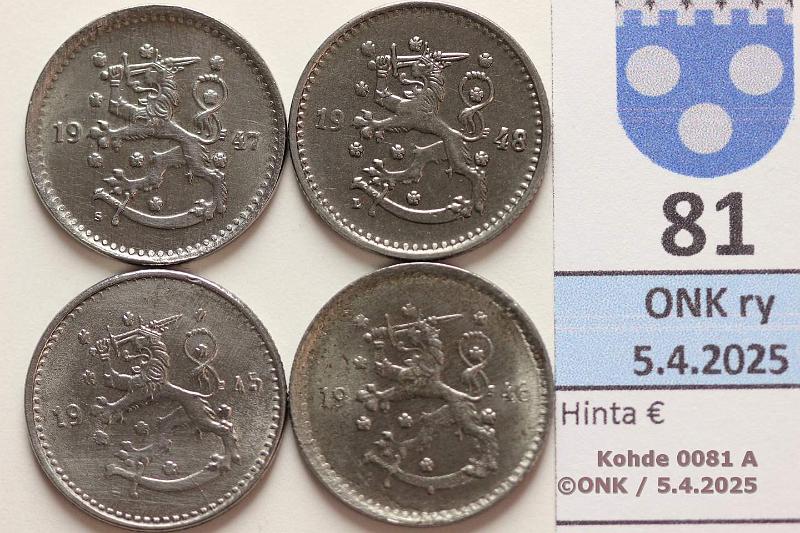 k-0081-a.jpg - Kohde 81 (kuva 1/2), lhthinta: 10 € / myyntihinta: 10 € 1 mk 1945-48 (4) Fe. 1945, -46, -47, -48, kauniita, ei ruostetta, kunto: 8