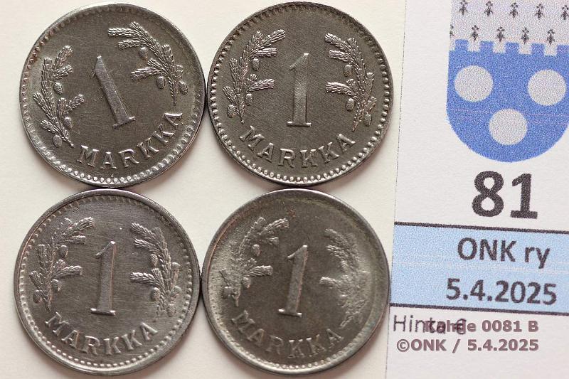 k-0081-b.jpg - Kohde 81 (kuva 2/2), lhthinta: 10 € / myyntihinta: 10 € 1 mk 1945-48 (4) Fe. 1945, -46, -47, -48, kauniita, ei ruostetta, kunto: 8