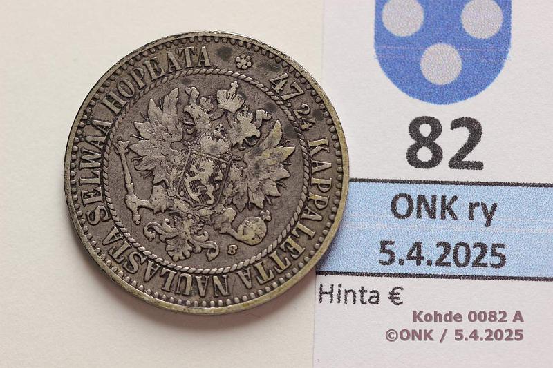 k-0082-a.jpg - Kohde 82 (kuva 1/2), lhthinta: 12 € / myyntihinta: 13 € 2 mk 1865 SNY 493.1.1 Ag, kunto: 5