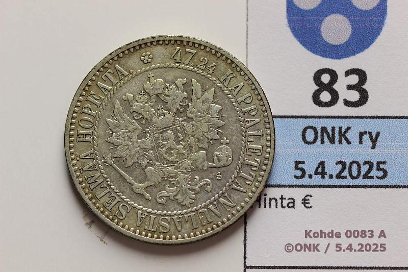 k-0083-a.jpg - Kohde 83 (kuva 1/2), lhthinta: 50 € / myyntihinta: 50 € 2 mk 1865 SNY 493.1.1 Ag, kunto: 6