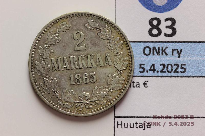 k-0083-b.jpg - Kohde 83 (kuva 2/2), lhthinta: 50 € / myyntihinta: 50 € 2 mk 1865 SNY 493.1.1 Ag, kunto: 6