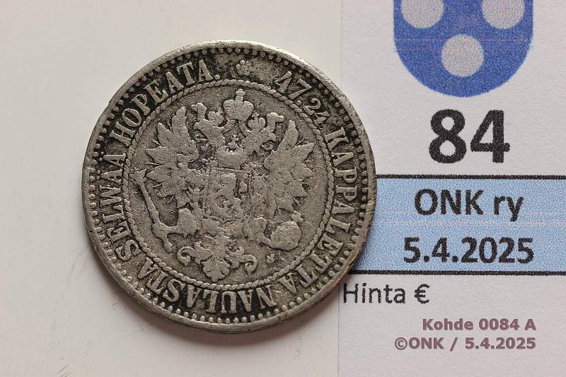 k-0084-a.jpg - Kohde 84 (kuva 1/2), lhthinta: 10 € / myyntihinta: 15 € 2 mk 1865 SNY 493.1.2 Ag, kunto: 3