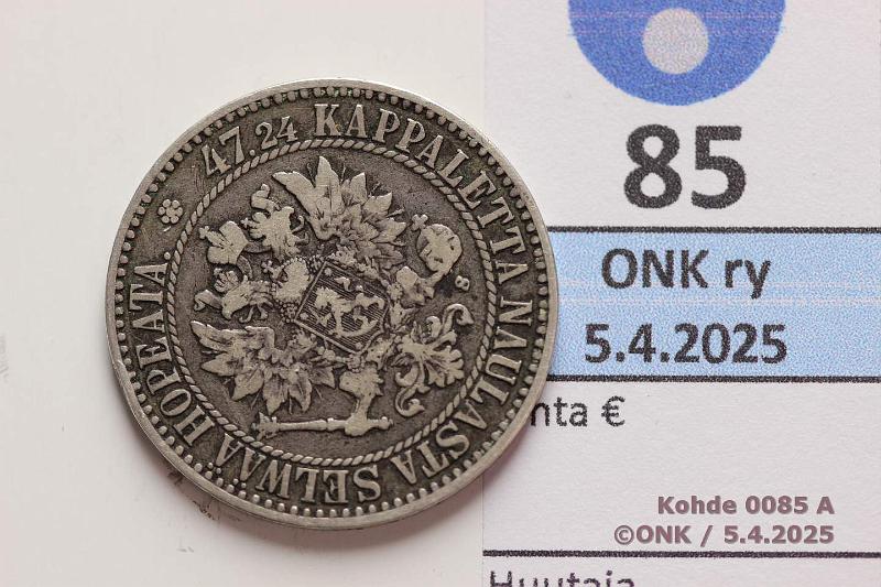 k-0085-a.jpg - Kohde 85 (kuva 1/2), lhthinta: 10 € / myyntihinta: 16 € 2 mk 1865 SNY 493.1.2 Ag, kunto: 4