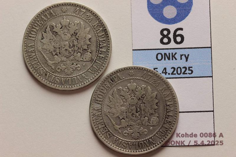 k-0086-a.jpg - Kohde 86 (kuva 1/2), lhthinta: 20 € / myyntihinta: 28 € 2 mk 1865 (2) SNY 493.1.2 Ag, kunto: 3