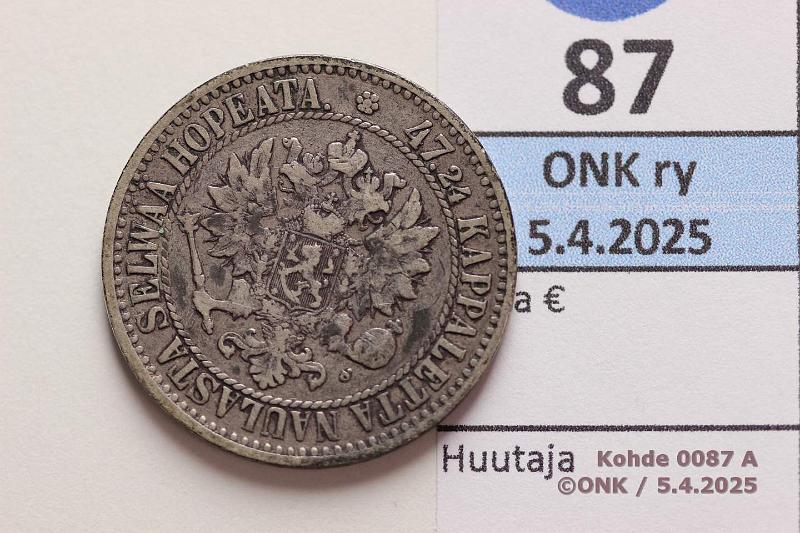 k-0087-a.jpg - Kohde 87 (kuva 1/2), lhthinta: 12 € / myyntihinta: 18 € 2 mk 1866 SNY 494.1.1 Ag, kunto: 5/4