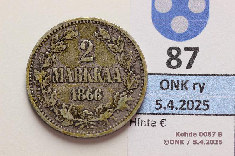 k-0087-b.jpg - Kohde 87 (kuva 2/2), lhthinta: 12 € / myyntihinta: 18 € 2 mk 1866 SNY 494.1.1 Ag, kunto: 5/4
