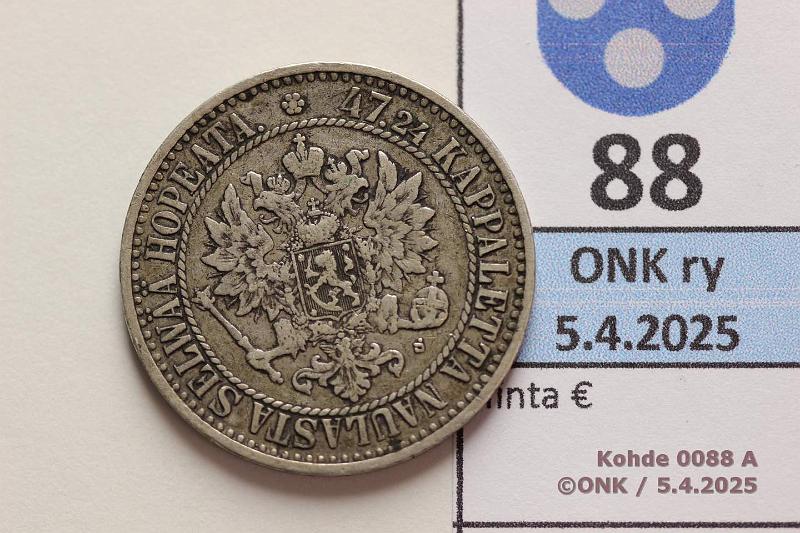 k-0088-a.jpg - Kohde 88 (kuva 1/2), lhthinta: 20 € / myyntihinta: 22 € 2 mk 1866 SNY 494.1.1 Ag, kunto: 5