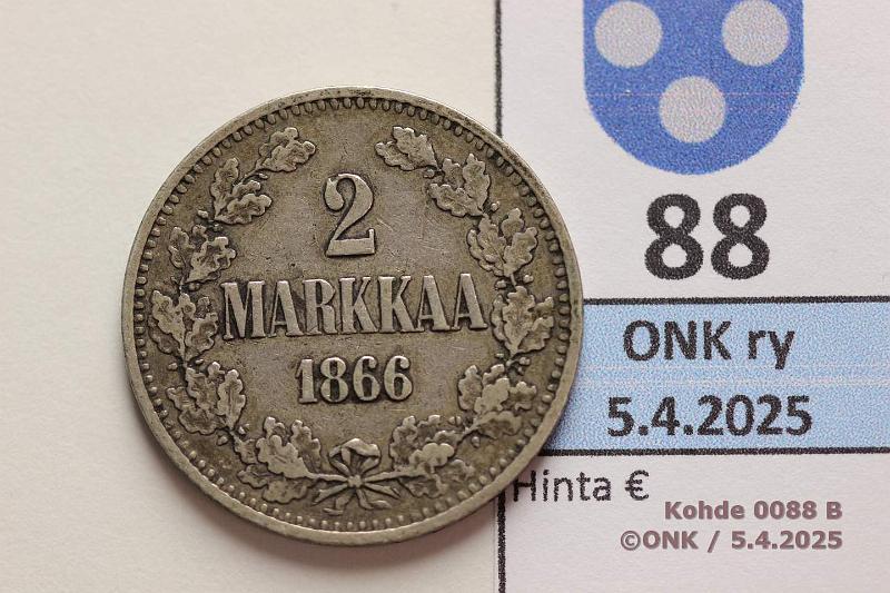 k-0088-b.jpg - Kohde 88 (kuva 2/2), lhthinta: 20 € / myyntihinta: 22 € 2 mk 1866 SNY 494.1.1 Ag, kunto: 5