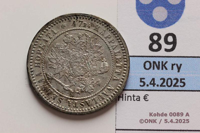 k-0089-a.jpg - Kohde 89 (kuva 1/2), lhthinta: 60 € / ei tarjouksia 2 mk 1870 Ag. Patinaa, hnja, kunto: 6/7