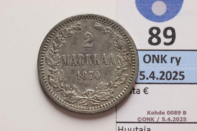 k-0089-b.jpg - Kohde 89 (kuva 2/2), lhthinta: 60 € / ei tarjouksia 2 mk 1870 Ag. Patinaa, hnja, kunto: 6/7