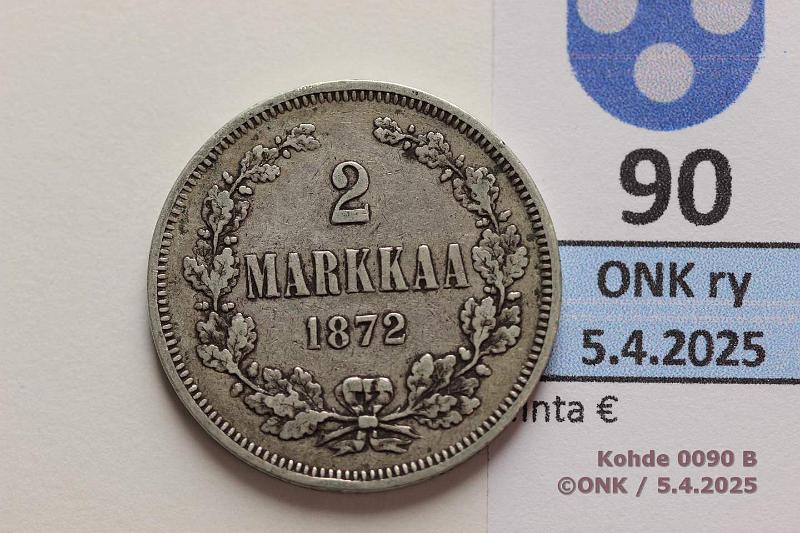 k-0090-b.jpg - Kohde 90 (kuva 2/2), lhthinta: 15 € / myyntihinta: 15 € 2 mk 1872 Ag, kunto: 4