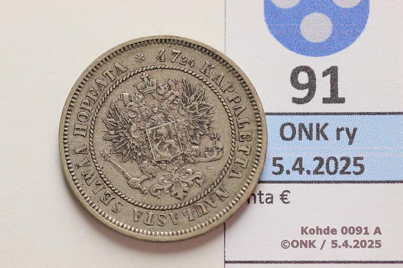k-0091-a.jpg - Kohde 91 (kuva 1/2), lhthinta: 18 € / myyntihinta: 18 € 2 mk 1872 Ag, kunto: 5