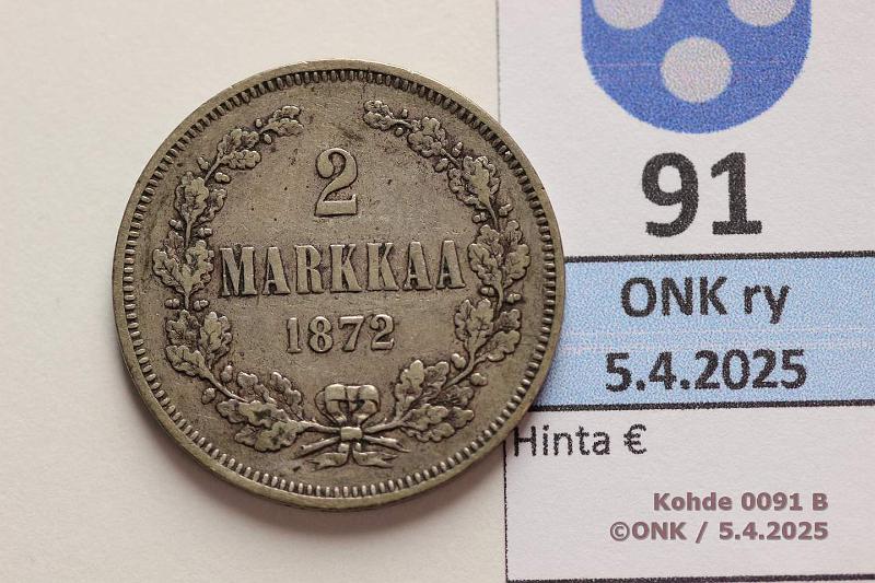 k-0091-b.jpg - Kohde 91 (kuva 2/2), l�ht�hinta: 18 &euro; / myyntihinta: 18 &euro; 2 mk 1872 Ag, kunto: 5
