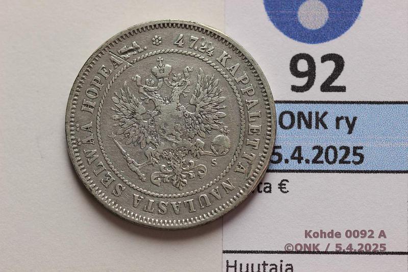 k-0092-a.jpg - Kohde 92 (kuva 1/2), lhthinta: 12 € / myyntihinta: 12 € 2 mk 1874 Ag. Ij, puhd, kunto: 4