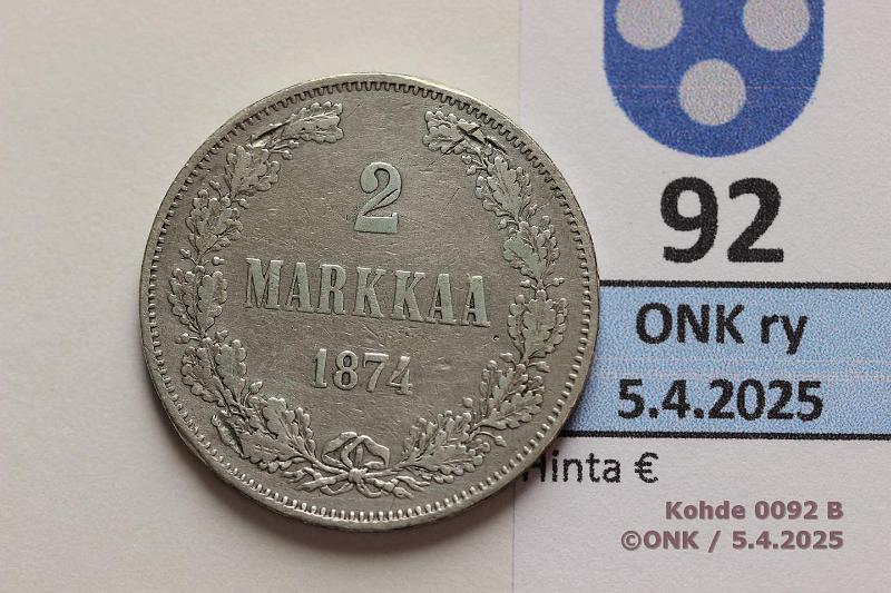 k-0092-b.jpg - Kohde 92 (kuva 2/2), lhthinta: 12 € / myyntihinta: 12 € 2 mk 1874 Ag. Ij, puhd, kunto: 4