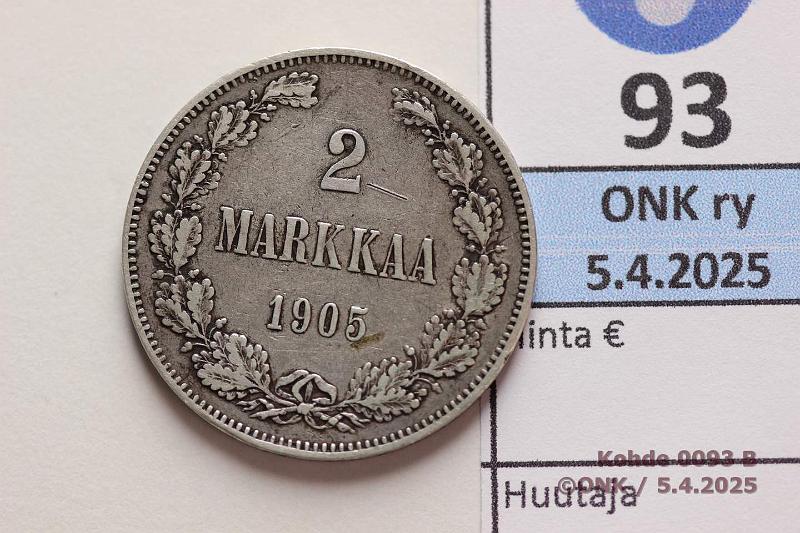 k-0093-b.jpg - Kohde 93 (kuva 2/2), lhthinta: 130 € / ei tarjouksia 2 mk 1905 Ag. Likaa, ap naarmu, kunto: 4