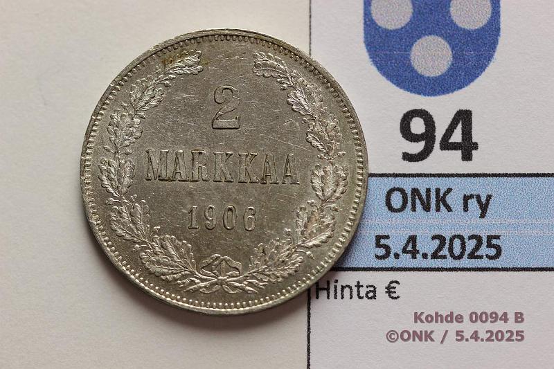 k-0094-b.jpg - Kohde 94 (kuva 2/2), lhthinta: 100 € / myyntihinta: 100 € 2 mk 1906 SNY 500.1.1.1 Ag. Pitk /-viiva, hnja, phpja, erittin kaunis!, kunto: 8
