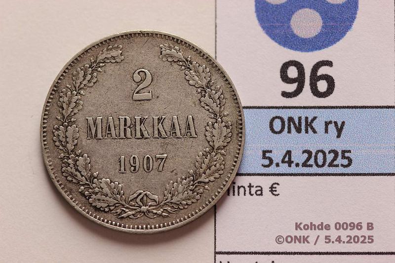 k-0096-b.jpg - Kohde 96 (kuva 2/2), lhthinta: 12 € / myyntihinta: 17 € 2 mk 1907 Ag, kunto: 5