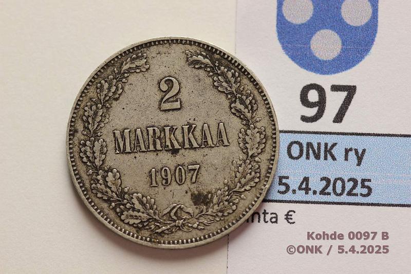 k-0097-b.jpg - Kohde 97 (kuva 2/2), lhthinta: 12 € / myyntihinta: 17 € 2 mk 1907 Ag. Prv, likaa, kunto: 6