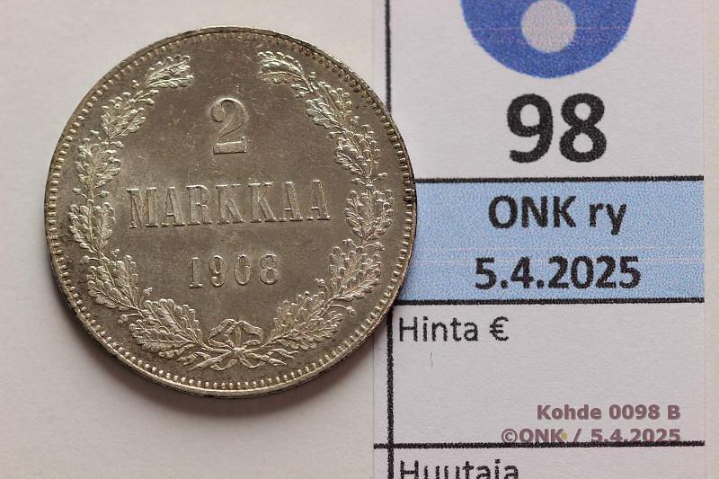k-0098-b.jpg - Kohde 98 (kuva 2/2), lhthinta: 130 € / myyntihinta: 130 € 2 mk 1908 Ag. Hnja, loistelias!, kunto: 9