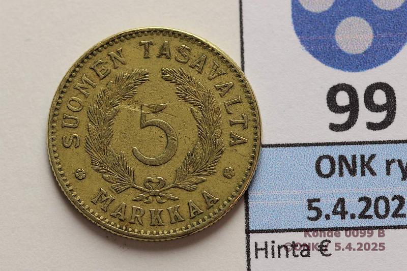k-0099-b.jpg - Kohde 99 (kuva 2/2), lhthinta: 15 € / myyntihinta: 27 € 5 mk 1928 Pient met.vikaa, kunto: 4