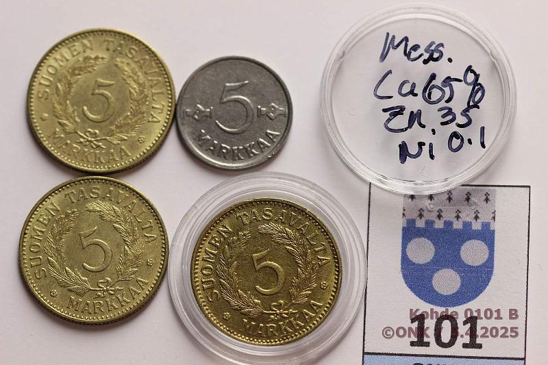 k-0101-b.jpg - Kohde 101 (kuva 2/2), lhthinta: 5 € / myyntihinta: 7 € 5 mk 1939, -41, -46 Mess SNY 517.2, -53 Fe, kunto: 6-7