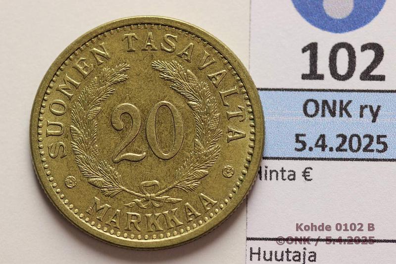 k-0102-b.jpg - Kohde 102 (kuva 2/2), lhthinta: 35 € / myyntihinta: 35 € 20 mk 1932, kunto: 7