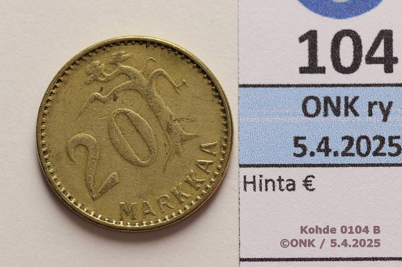 k-0104-b.jpg - Kohde 104 (kuva 2/2), lhthinta: 5 € / myyntihinta: 16 € 20 mk 1954 SNY 626.1.1 Lyhyet oksat, kunto: 4