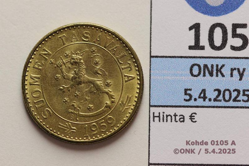 k-0105-a.jpg - Kohde 105 (kuva 1/2), lhthinta: 10 € / myyntihinta: 10 € 20 mk 1959 Loistelias!, kunto: 9