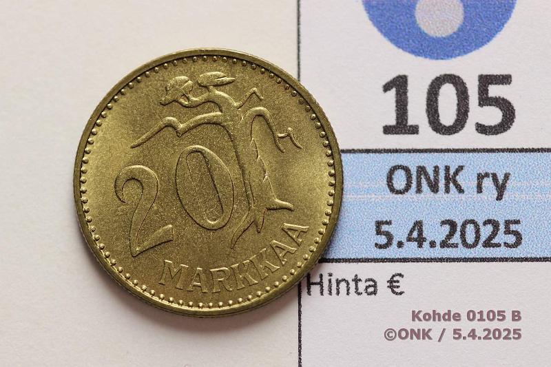 k-0105-b.jpg - Kohde 105 (kuva 2/2), lhthinta: 10 € / myyntihinta: 10 € 20 mk 1959 Loistelias!, kunto: 9