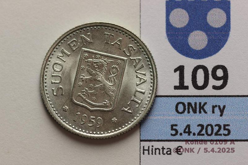 k-0109-a.jpg - Kohde 109 (kuva 1/2), lhthinta: 12 € / myyntihinta: 16 € 100 mk 1959 Ag. Loistelias!, kunto: 9