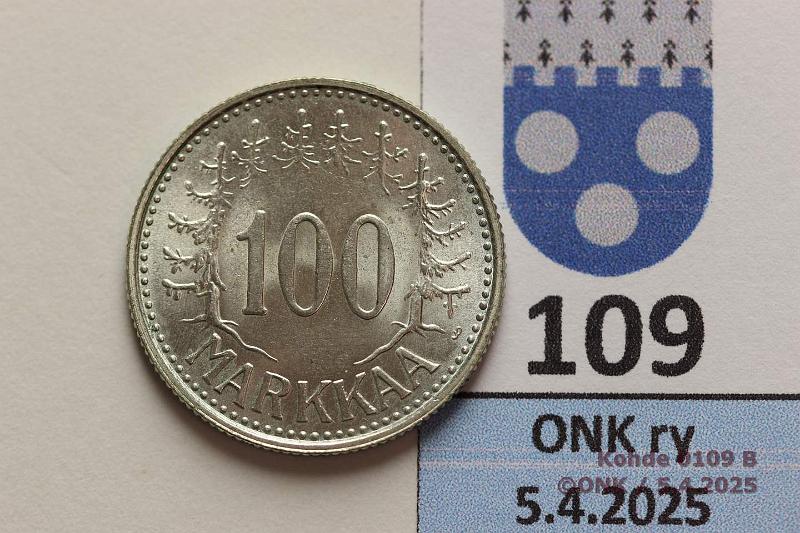 k-0109-b.jpg - Kohde 109 (kuva 2/2), lhthinta: 12 € / myyntihinta: 16 € 100 mk 1959 Ag. Loistelias!, kunto: 9