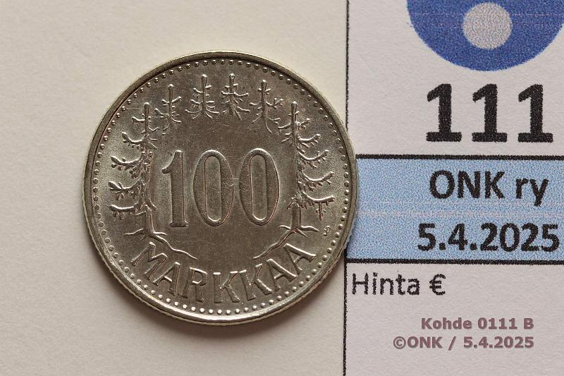 k-0111-b.jpg - Kohde 111 (kuva 2/2), lhthinta: 12 € / myyntihinta: 22 € 100 mk 1960 Ag. Loistelias!, kunto: 9