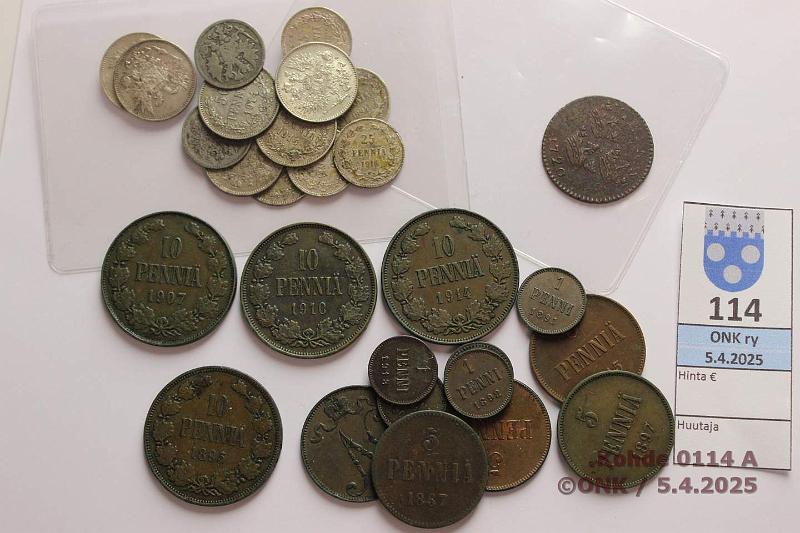 k-0114-a.jpg - Kohde 114, lhthinta: 10 € / myyntihinta: 23 € 1 - 50 p (27) + 1 1866-1917 1p -66, -91, -92, -08, -15; 5p -67, -97, -14, -15, -17 I; 10p -95, -07, -10, -14; 25p Ag -75, -94, -10, -15, -16(2); 50p Ag -14(2), -15, -16(2), -17 II(2). Lisksi Ruotsi 1 1720 kl 5, kunto: 3-7