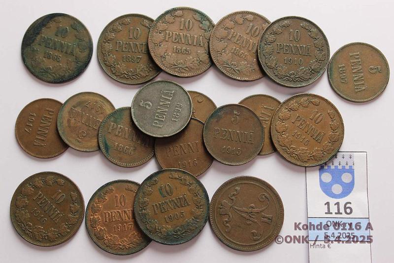 k-0116-a.jpg - Kohde 116, lhthinta: 10 € / myyntihinta: 10 € 5 + 10 p (9+10) 1865-1917 5p -66, -88, -97, -99, -15, -16(2), -17 II(2); 10p -65(2), -66(2), -97, -05, -10, -16(2), 17 II, kunto: 2-6