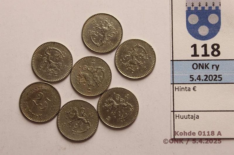 k-0118-a.jpg - Kohde 118, lhthinta: 5 € / myyntihinta: 9 € 25 p (7) 1925-30 CuNi -25, -26, -27, -28, -29(2), -30, kunto: 5-7