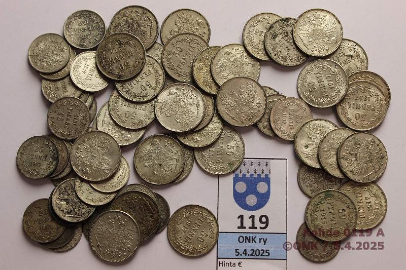 k-0119-a.jpg - Kohde 119, lhthinta: 25 € / myyntihinta: 95 € 25 + 50 p (33+32) 1890-1917 Ag, 25p -90, -97(2), -01, -13(2), -15(3), -16(9), -17 I(3), -17 II(12); 50p -11(3), -14, -15, -16(11), -17 I(3), -17 II(13), kunto: 3-9