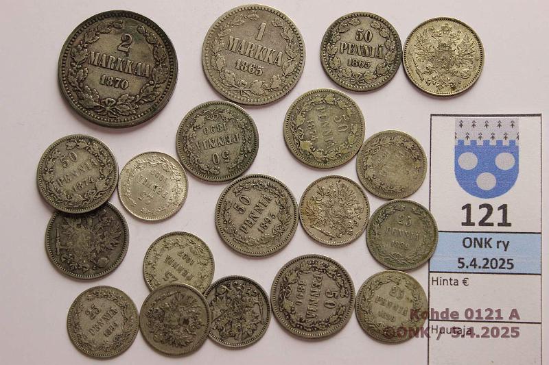 k-0121-a.jpg - Kohde 121, lhthinta: 35 € / myyntihinta: 42 € 25 p - 2 mk (19) 1865-1914 Ag, 25p -75, -89, -91, -99(2), -06, -07, -09(2); 50p -65, -74(2), -90(2), -92, -93, -14 kaksoiskaiverrettu; 1mk 1865; 2mk 1870, kunto: 4-8