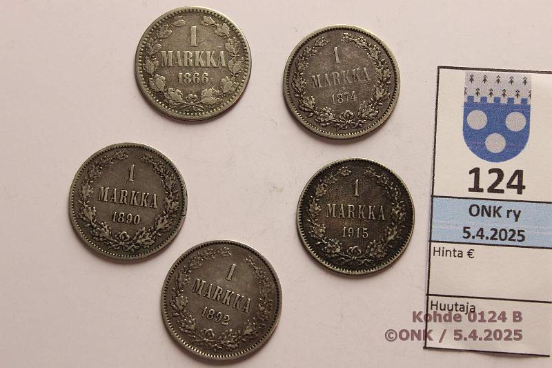 k-0124-b.jpg - Kohde 124 (kuva 2/2), lhthinta: 25 € / myyntihinta: 30 € 1 mk (5) 1866 (SNY 399.2.2), -74, -90, -92, 1915 Ag, kunto: 2-5
