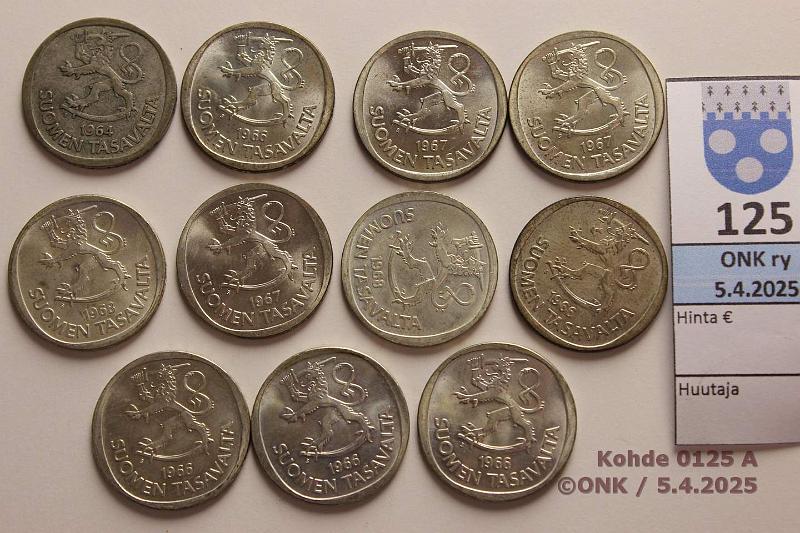 k-0125-a.jpg - Kohde 125, lhthinta: 5 € / myyntihinta: 16 € 1 mk (11) 1964-68 Ag, 70,4g/350. Posa hyvi, kunto: 5-9