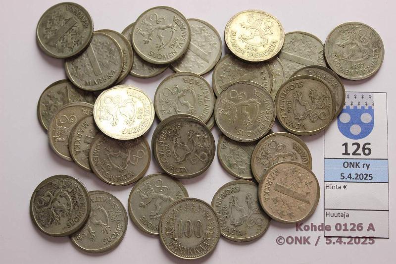 k-0126-a.jpg - Kohde 126, lhthinta: 25 € / myyntihinta: 42 € 1 + 100 mk (30+1) 1964-68 Ag, 192g/350. Lisksi 100mk 1956, kunto: 4-6