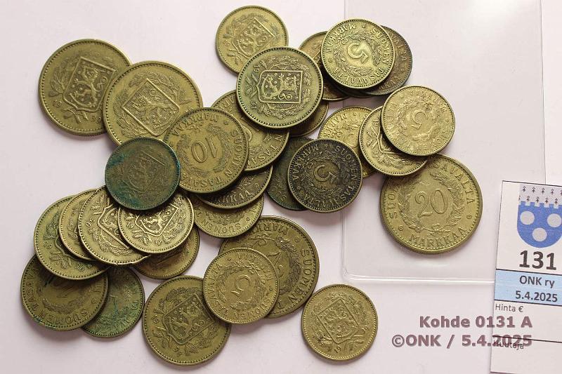k-0131-a.jpg - Kohde 131, lhthinta: 15 € / myyntihinta: 19 € 5 - 20 mk (31) 1930-51 5mk -31, -32, -36, -37, -38, -39(2), -41(4), -42, -46(2), -49, -50(2), -21(2); 10mk -30(3), -31, -32(2), -38(2); 20mk -36, -39(3, joista yhdess meistin kiertym)., kunto: 4-7