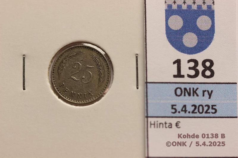 k-0138-b.jpg - Kohde 138 (kuva 2/2), lhthinta: 15 € / myyntihinta: 15 € 25 p 1925 Kiertynyt meisti n. 45, kunto: 6