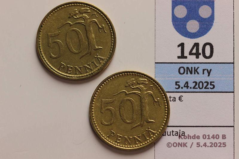 k-0140-b.jpg - Kohde 140 (kuva 2/2), lhthinta: 4 € / ei tarjouksia 50 p 1971 Vuosiluvun 71 numerot nkyvt vaivoin, muuten normaali meisti. Verrokkina 1971 kaksoisrenkain, kunto: 6