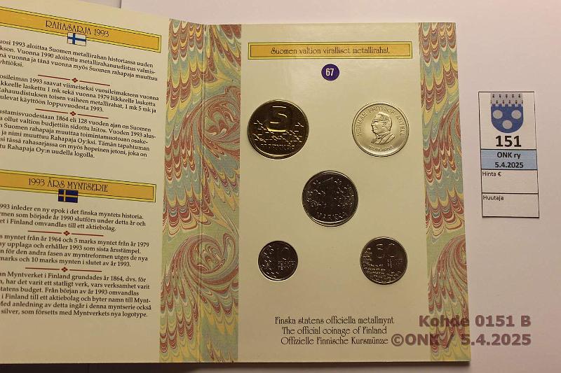 k-0151-b.jpg - Kohde 151 (kuva 2/2), lhthinta: 25 € / myyntihinta: 25 € Rp:n vuosisarja 1993 SNY 23.2, 10p-5mk + SNY:n Antell-hopeajetoni n:o 67. Painos 150 kpl., kunto: 9