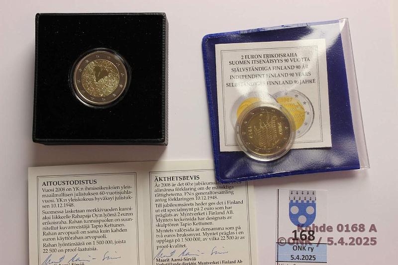 k-0168-a.jpg - Kohde 168, lhthinta: 7 € / myyntihinta: 34 € 2 € (2) Suomi 2007, -08 Itsenisyys, tod, tasku + Ihmisoikeudet, Proof, tod, laatikko, kunto: 10