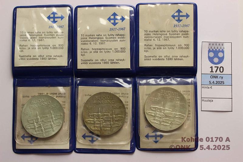 k-0170-a.jpg - Kohde 170, lhthinta: 30 € / myyntihinta: 47 € 10 mk 1967 (3) Ag. Itsenisyys 50v, muovitaskut, kunto: 8-9