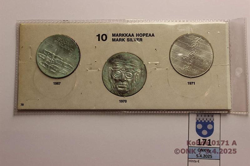 k-0171-a.jpg - Kohde 171 (kuva 1/2), lhthinta: 20 € / myyntihinta: 28 € 10 mk 1967, -70, -71 Ag. Pahvikortissa, jossa niitinreiki, kunto: 8-9