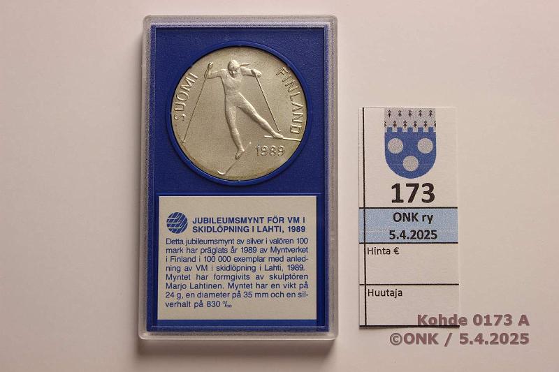 k-0173-a.jpg - Kohde 173 (kuva 1/2), lhthinta: 10 € / myyntihinta: 16 € 100 mk 1989 Ag. Hiihdon MM, kunto: 9