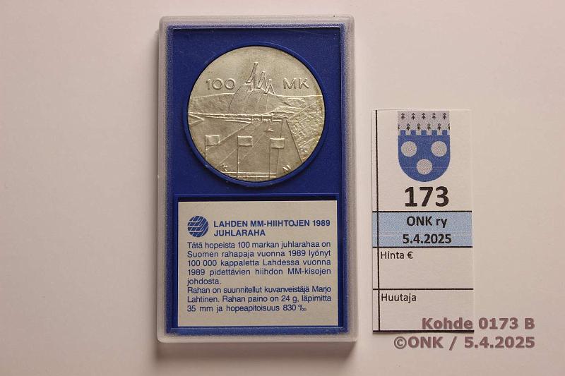 k-0173-b.jpg - Kohde 173 (kuva 2/2), lhthinta: 10 € / myyntihinta: 16 € 100 mk 1989 Ag. Hiihdon MM, kunto: 9